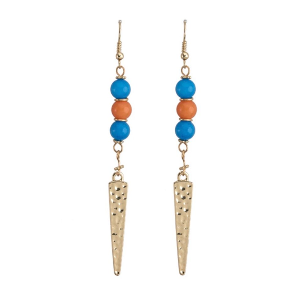 Blue and Orange Hammered Arrow Beaded Earrings